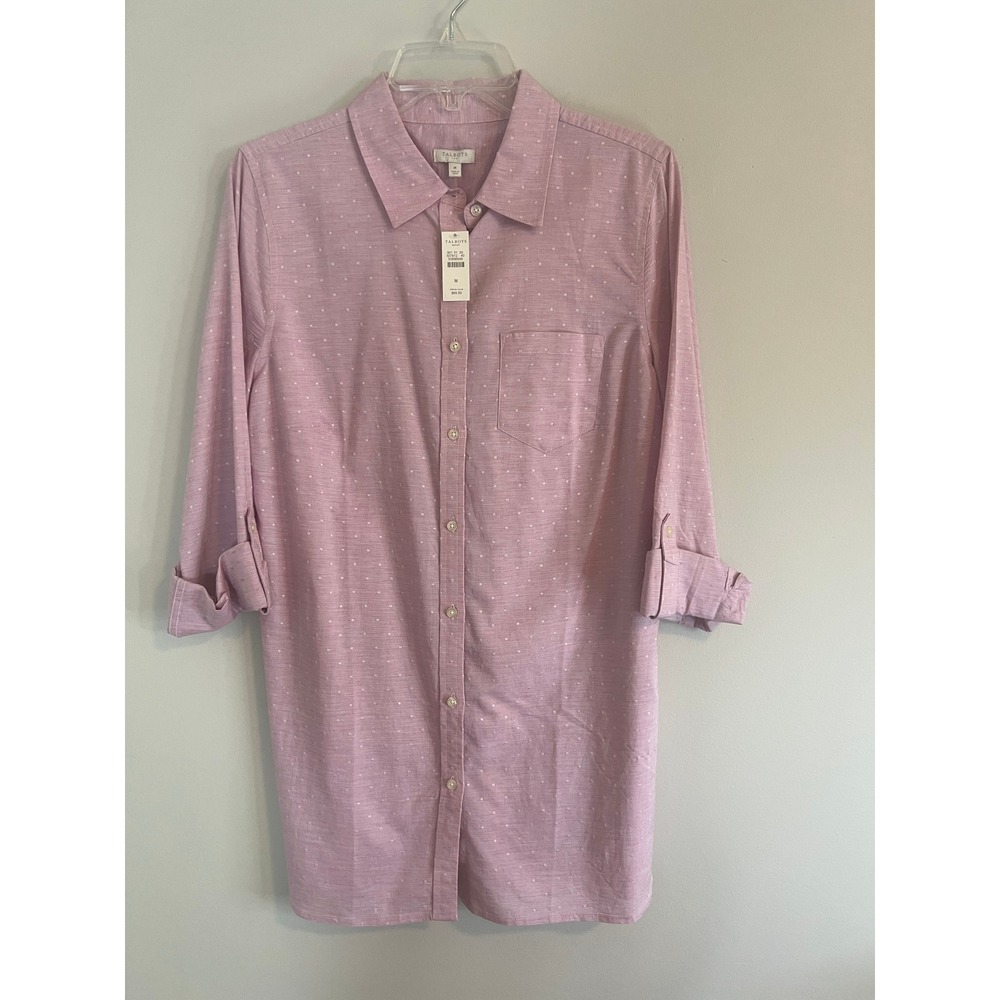 Talbots Outlet Orchid Pink Dot Roll Tab Sleeve Tunic Shirt Womens Medium NEW